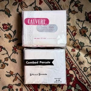 ⭐️Set 2 VTG NOS White 100% Cotton Doube Flat Bed Sheets Calvert Mulsin Percale